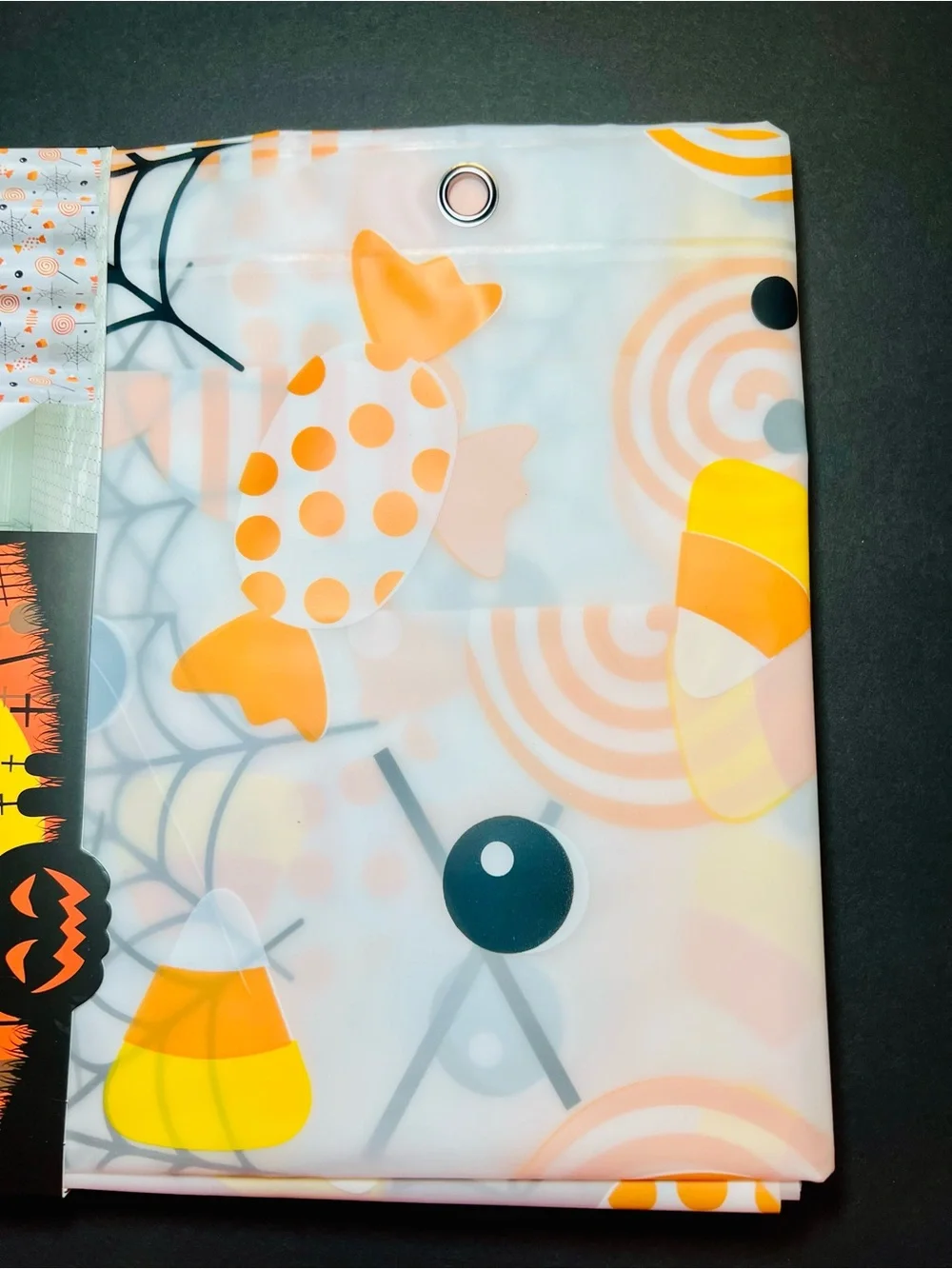 Halloween Peva Shower Curtain Orange Polka Dots Candy Corn Spiderwebs Grommets
